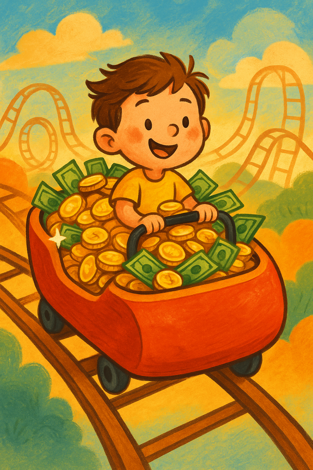 Our cartoon boy in his coaster car - full of money! Image by DALLE and the authors.